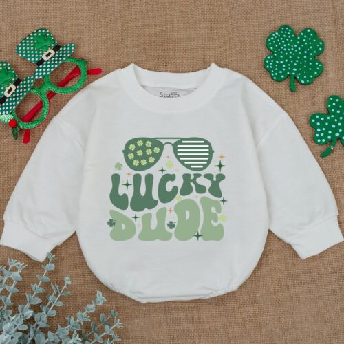 Lucky Dude Shamrock Baby Romper Newborn St. Patrick's Day Clover Bodysuit Baby Shamrock Outfit Gift image 0