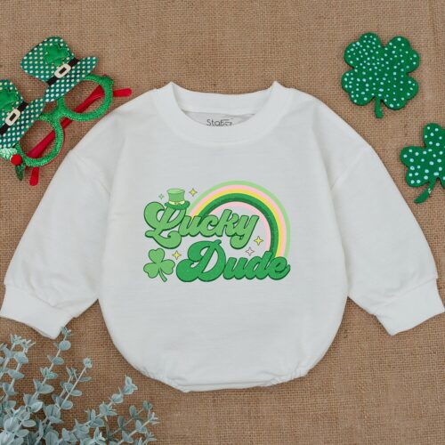 Lucky Dude Shamrock Baby Romper St. Patrick's Day Newborn Bodysuit Baby Shamrock Outfit Gift image 0