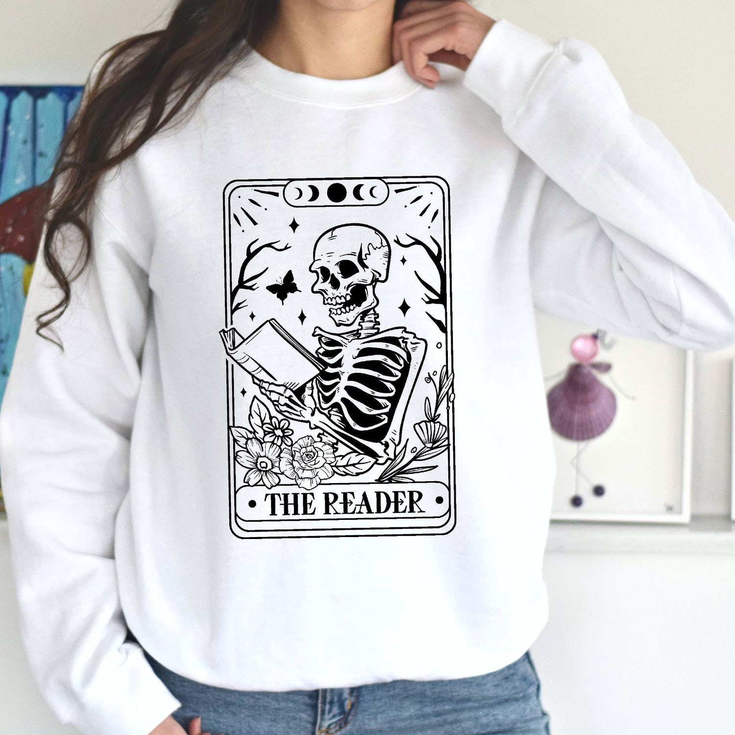 The Reader Tarot Card Sweatshirt Skeleton Reading Design Book Lover Gift Tarot Sweatshirt image 6