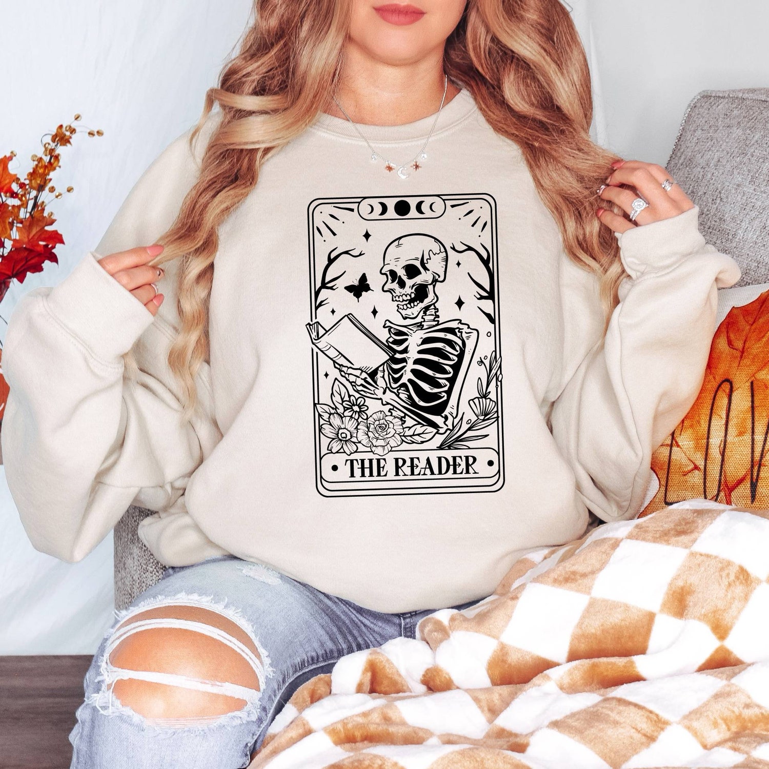 The Reader Tarot Card Sweatshirt Skeleton Reading Design Book Lover Gift Tarot Sweatshirt image 5