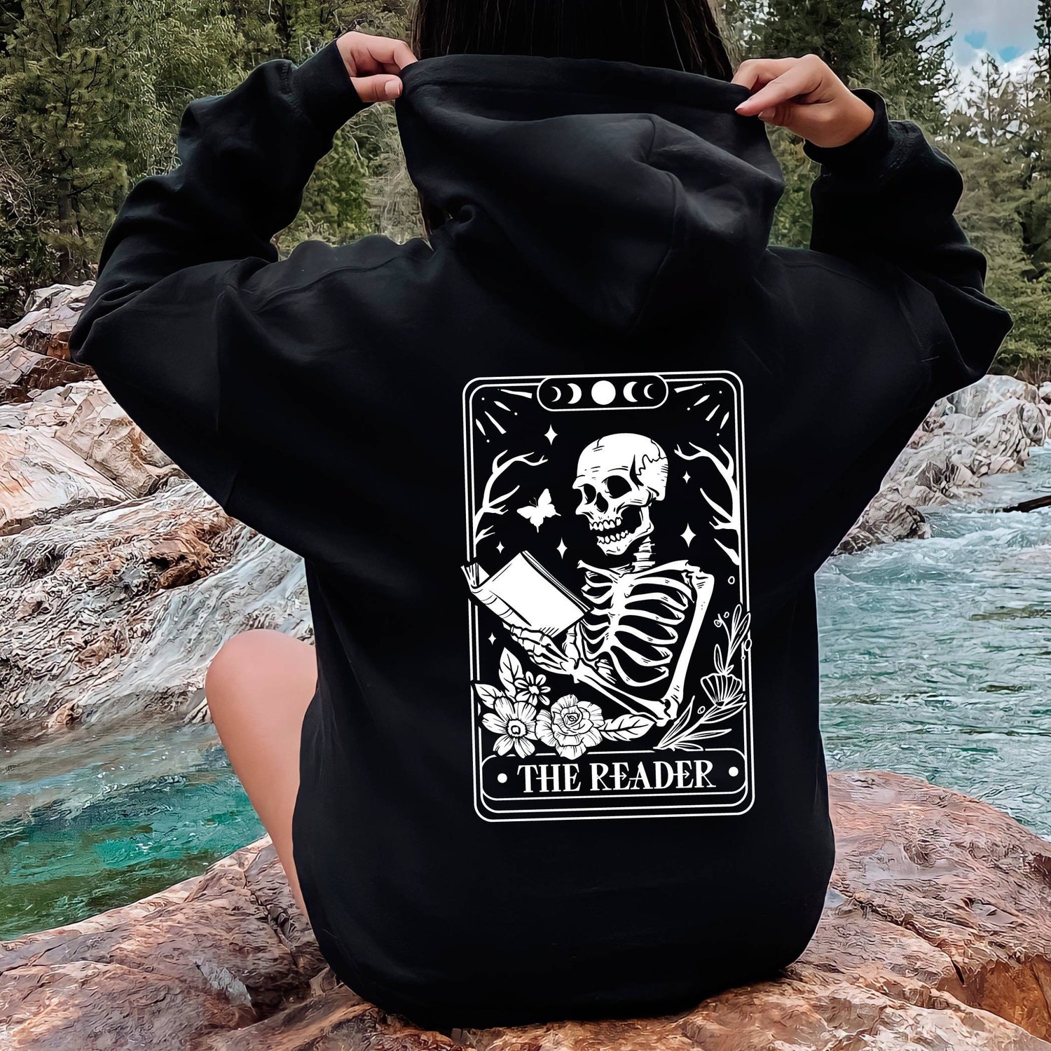 Skeleton Reading Tarot Card Hoodie Book Lover Tarot Hoodie Funny Skeleton Reader Hoodie image 1