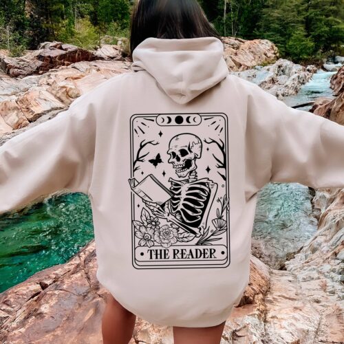 Skeleton Reading Tarot Card Hoodie Book Lover Tarot Hoodie Funny Skeleton Reader Hoodie image 0