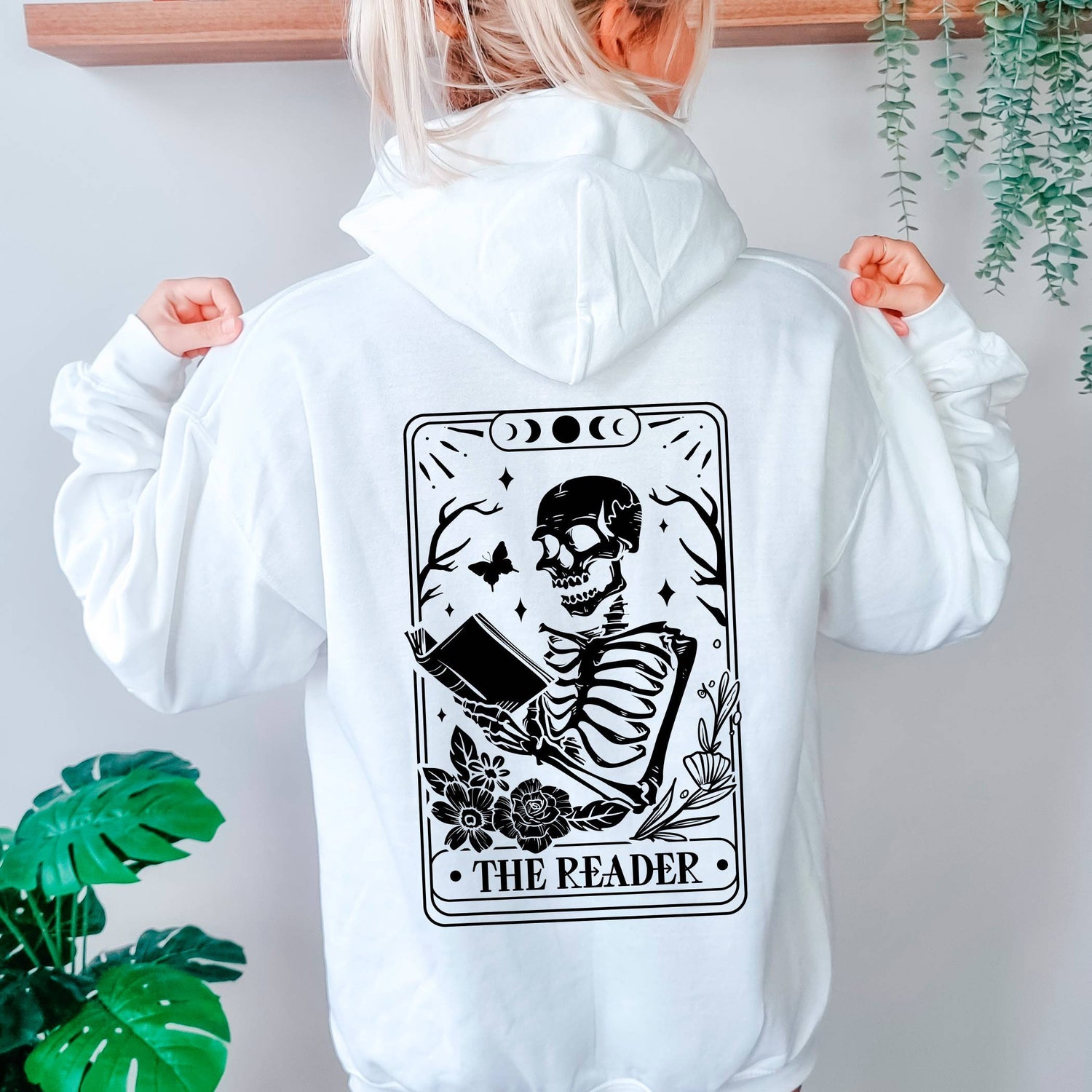 Skeleton Reading Tarot Card Hoodie Book Lover Tarot Hoodie Funny Skeleton Reader Hoodie image 2