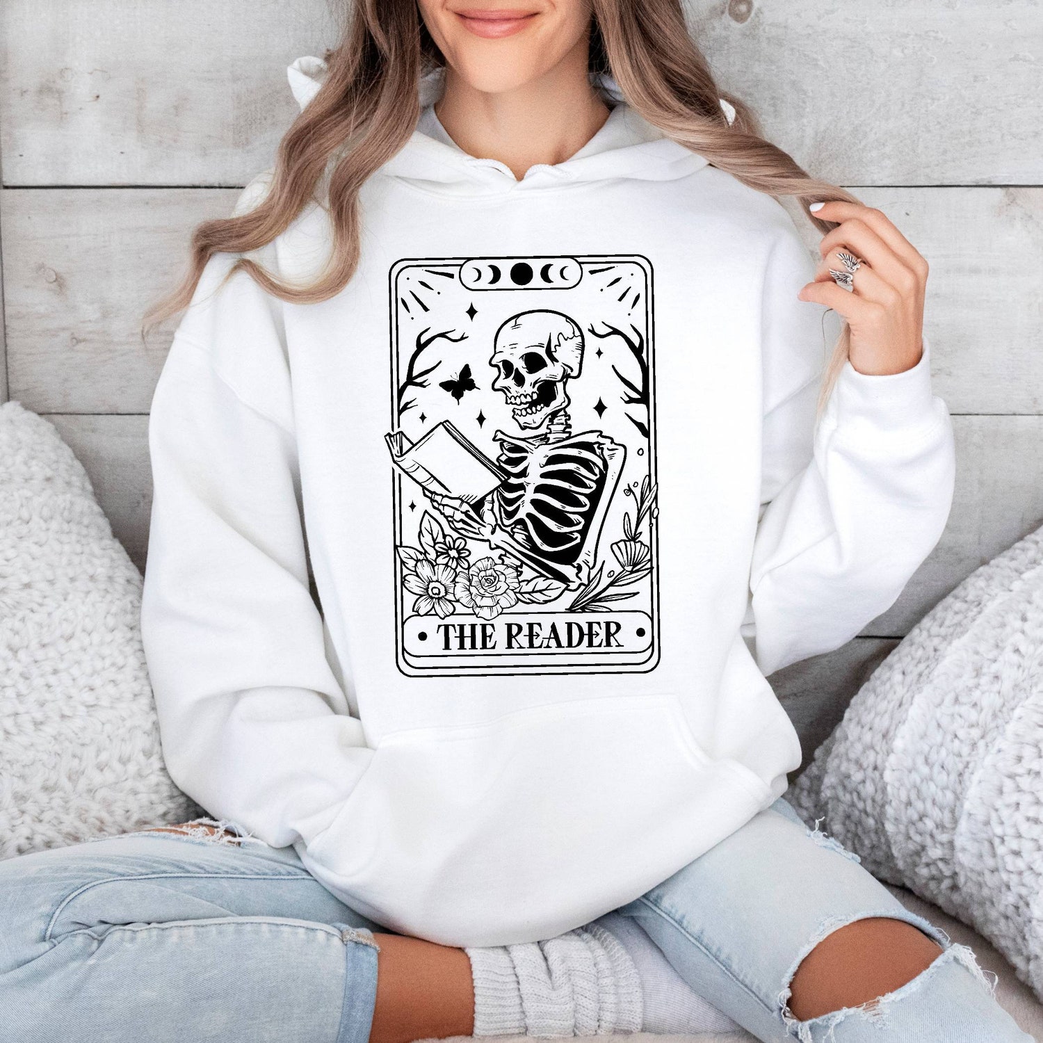 Skeleton Reading Tarot Card Hoodie Book Lover Tarot Hoodie Funny Skeleton Reader Hoodie image 4