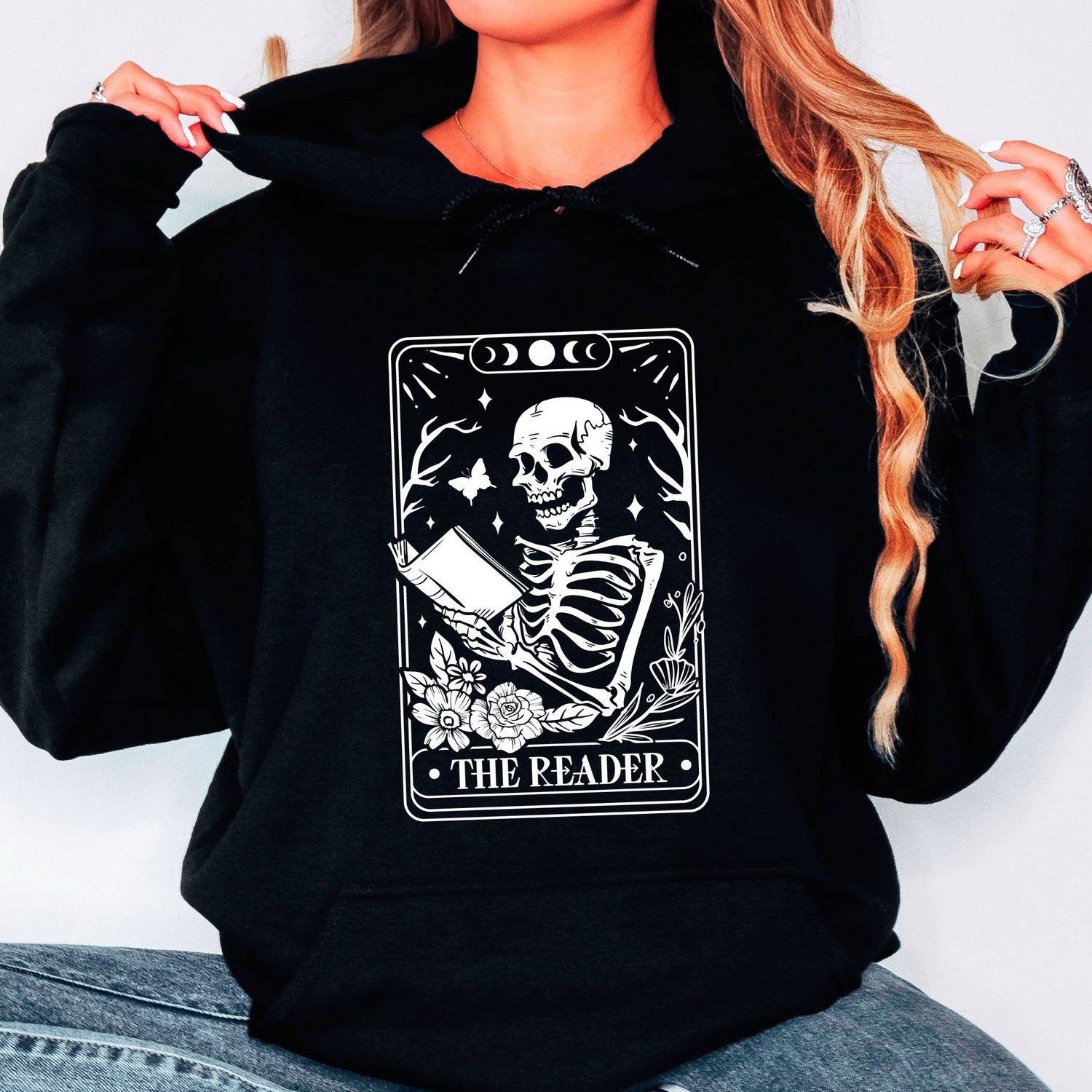 Skeleton Reading Tarot Card Hoodie Book Lover Tarot Hoodie Funny Skeleton Reader Hoodie image 6