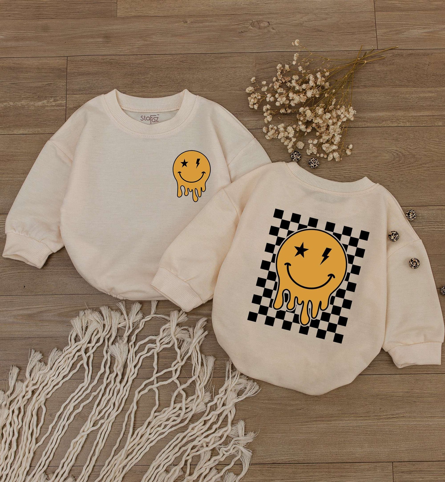 Smiley Face Baby Romper Happy Bodysuit Cute Retro Kids Outfit Baby Shower Gift image 1