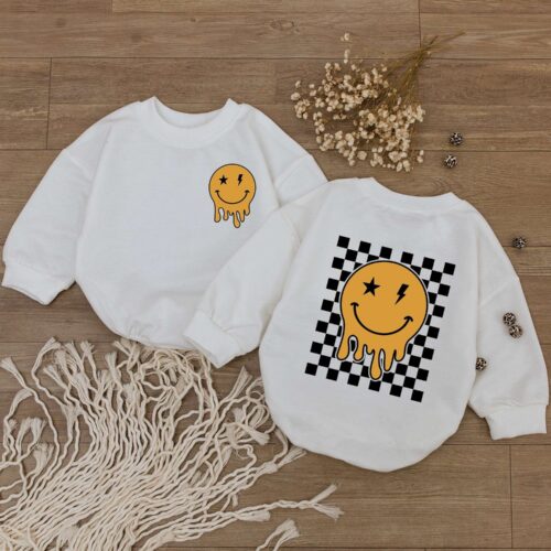 Smiley Face Baby Romper Happy Bodysuit Cute Retro Kids Outfit Baby Shower Gift image 0