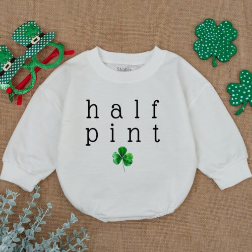 Half Pint Shamrock Baby Romper Newborn Saint Patrick's Day Clover Bodysuit Baby Shamrock Outfit Gift image 0