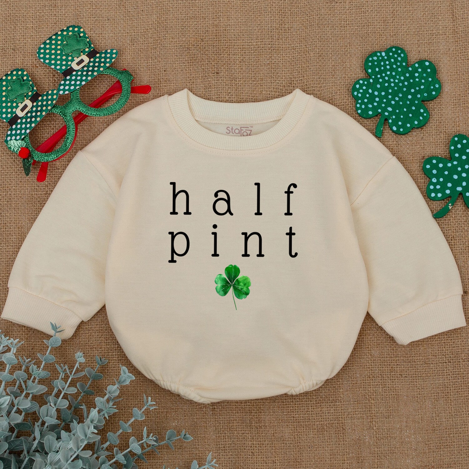 Half Pint Shamrock Baby Romper Newborn Saint Patrick's Day Clover Bodysuit Baby Shamrock Outfit Gift image 1