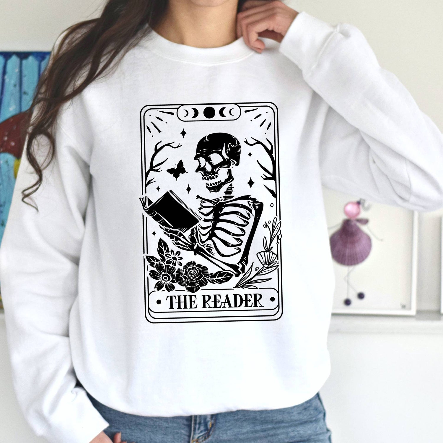 The Reader Tarot Card Sweatshirt Skeleton Reading Design Book Lover Gift Tarot Sweatshirt image 3