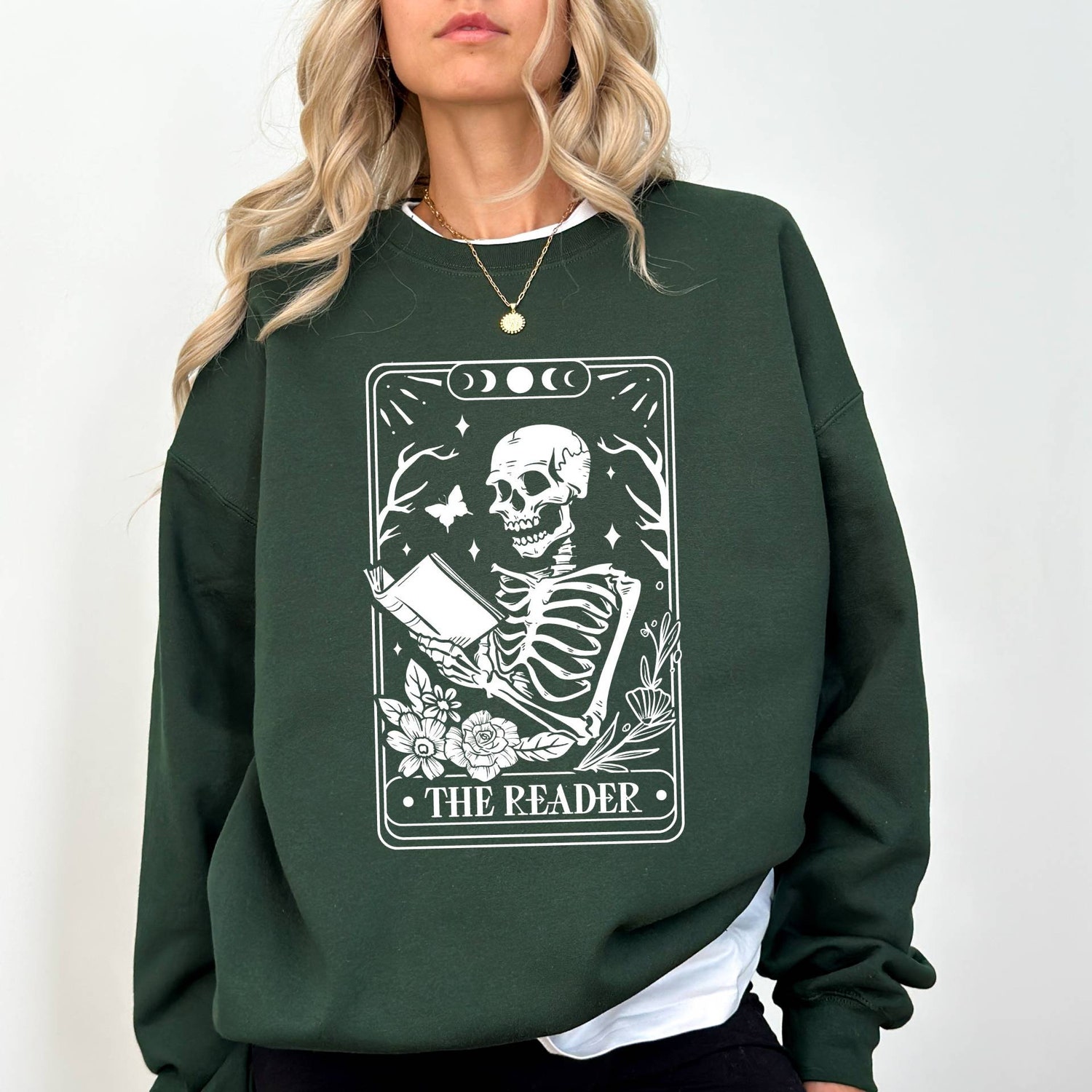 The Reader Tarot Card Sweatshirt Skeleton Reading Design Book Lover Gift Tarot Sweatshirt image 2