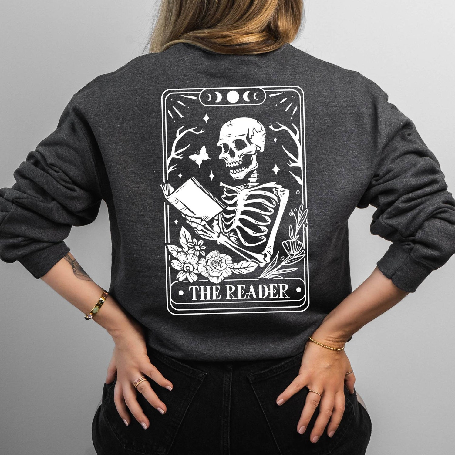 The Reader Tarot Card Sweatshirt Skeleton Reading Design Book Lover Gift Tarot Sweatshirt image 4