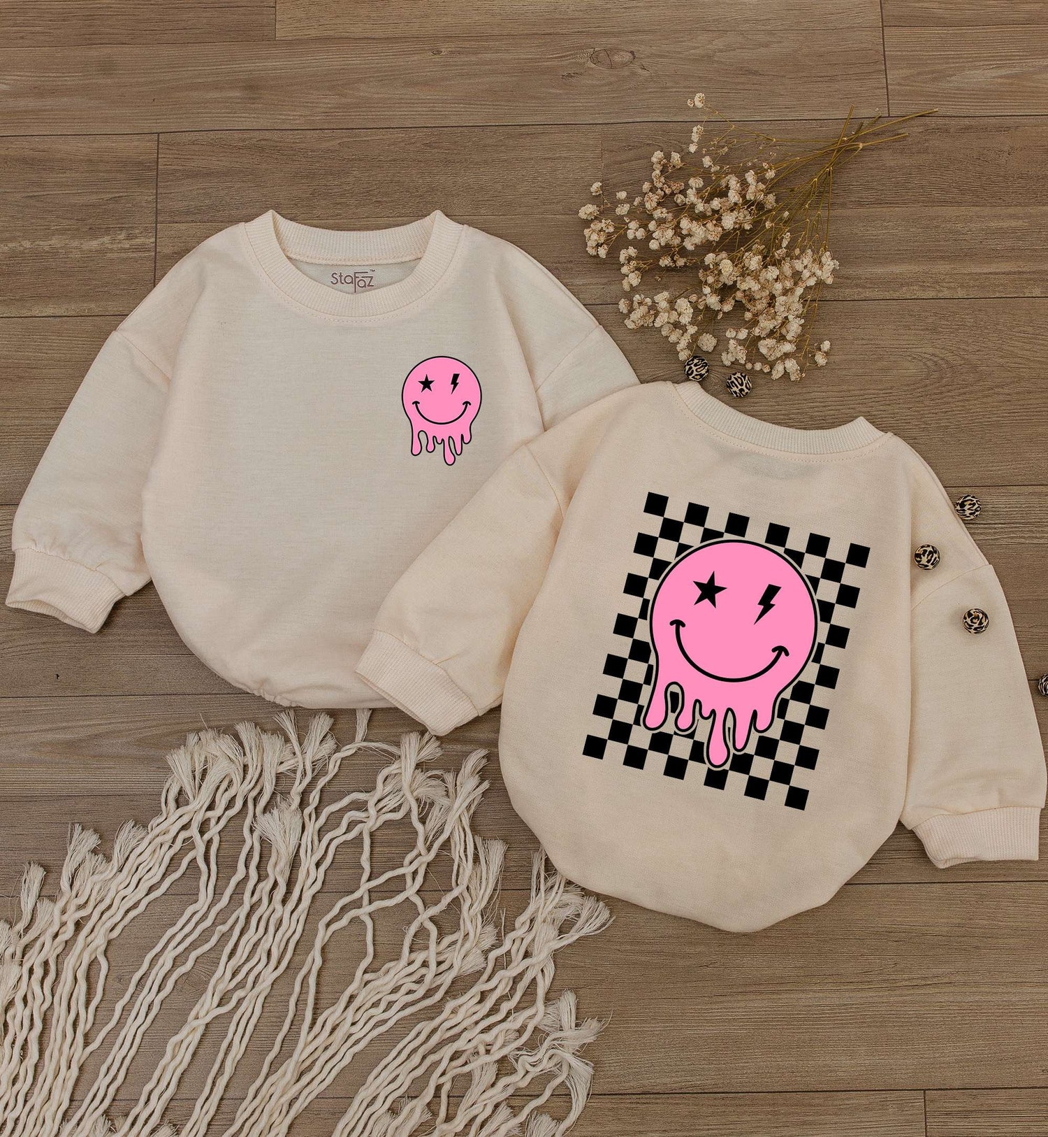 Smiley Face Baby Romper Happy Bodysuit Checkered Kids Sweatshirt Retro Newborn Outfit Baby Shower Gift image 1