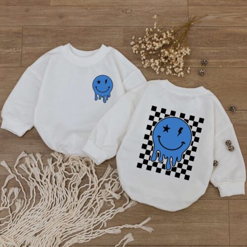 Smiley Face Baby Romper Happy Bodysuit Checkered Kids Sweatshirt Retro Newborn Outfit Baby Shower Gift image 0