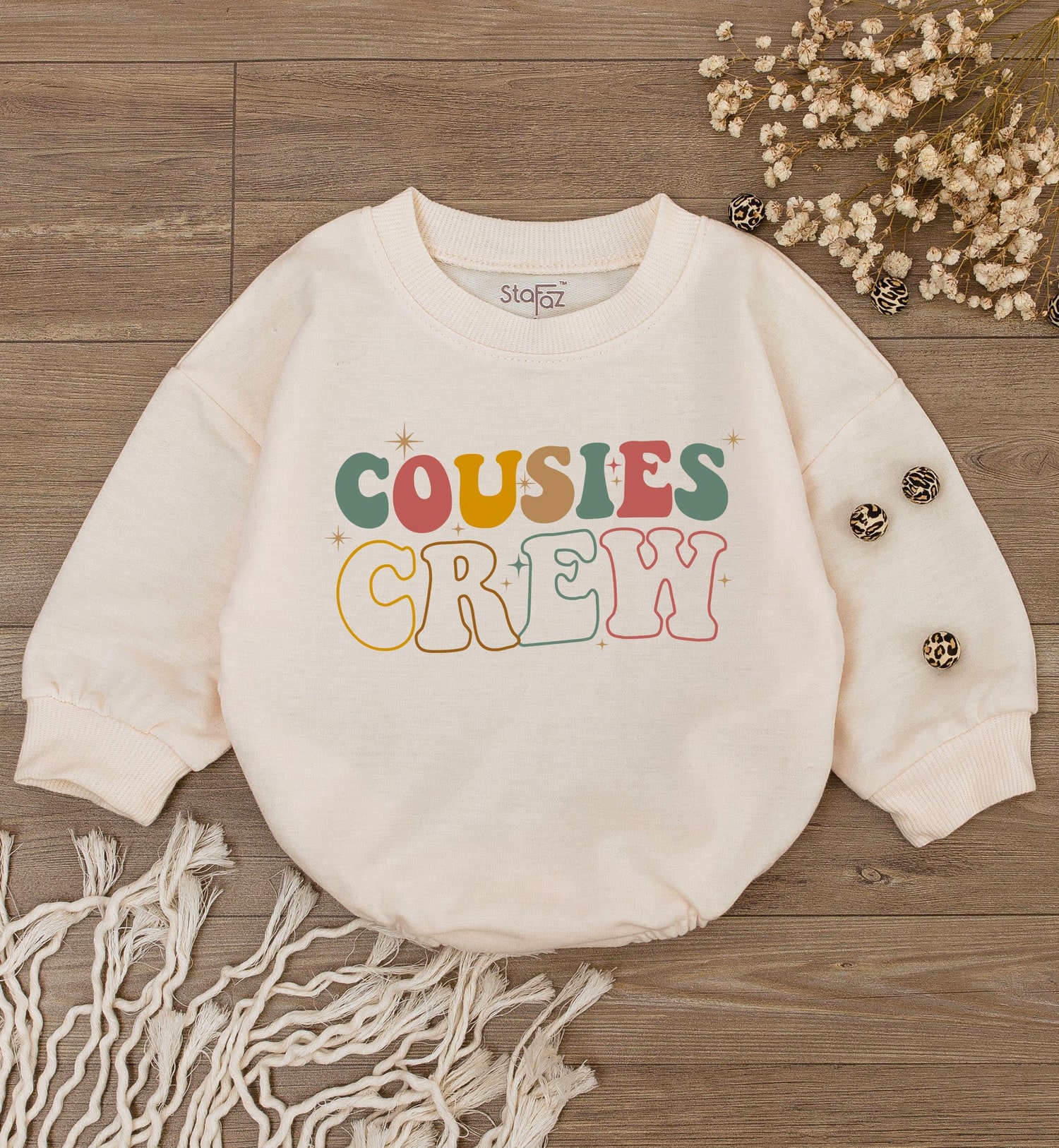 Cousies Crew Romper Boho Retro Kid Outfit Gender Neutral Baby Sweatshirt Romper Gift image 1