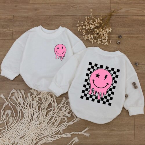 Smiley Face Baby Romper Happy Bodysuit Checkered Kids Sweatshirt Retro Newborn Outfit Baby Shower Gift image 0