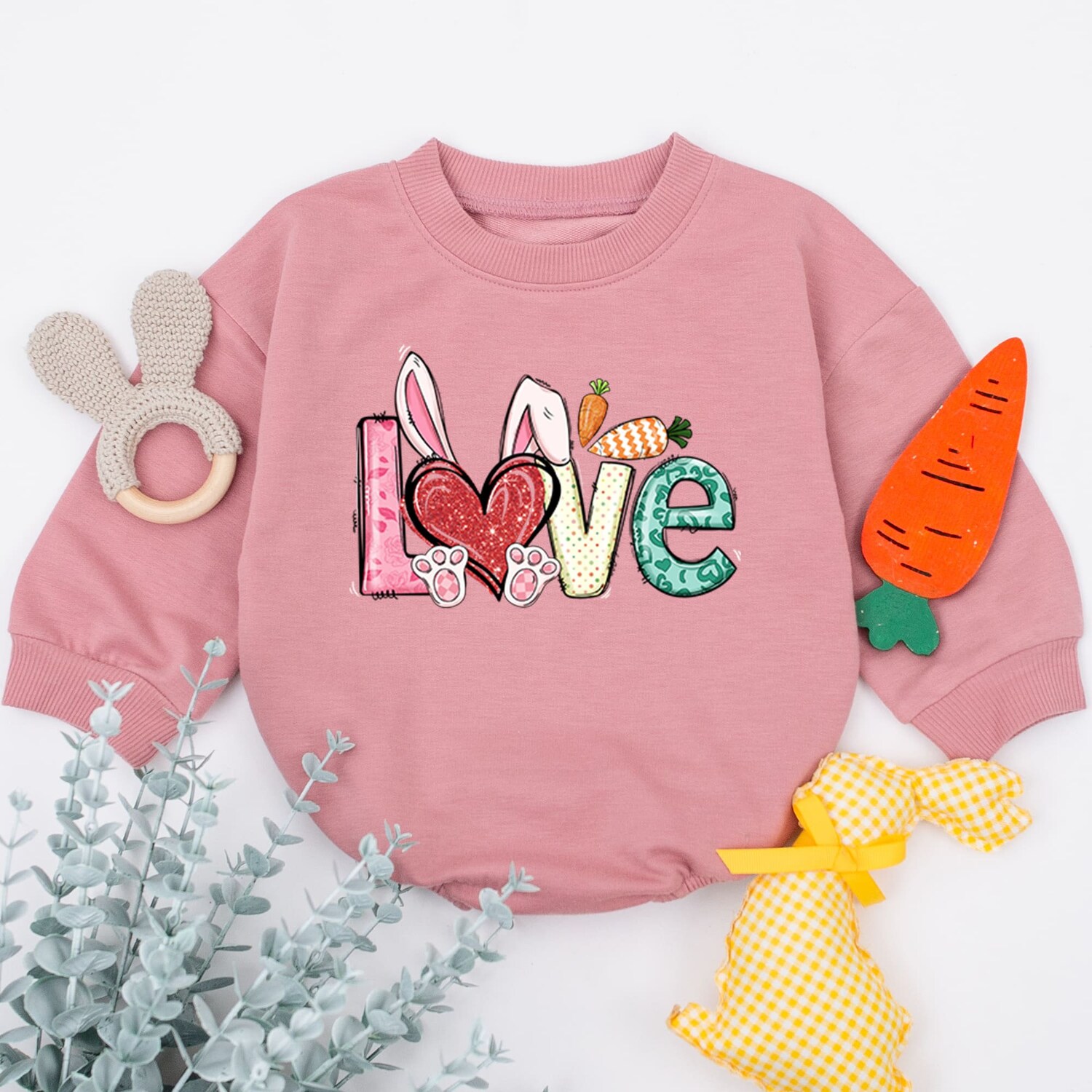 Love Bunny Baby Romper Easter Baby Bodysuit Baby Shower Gift Bunny Rabbit Baby Sleepsuit image 1