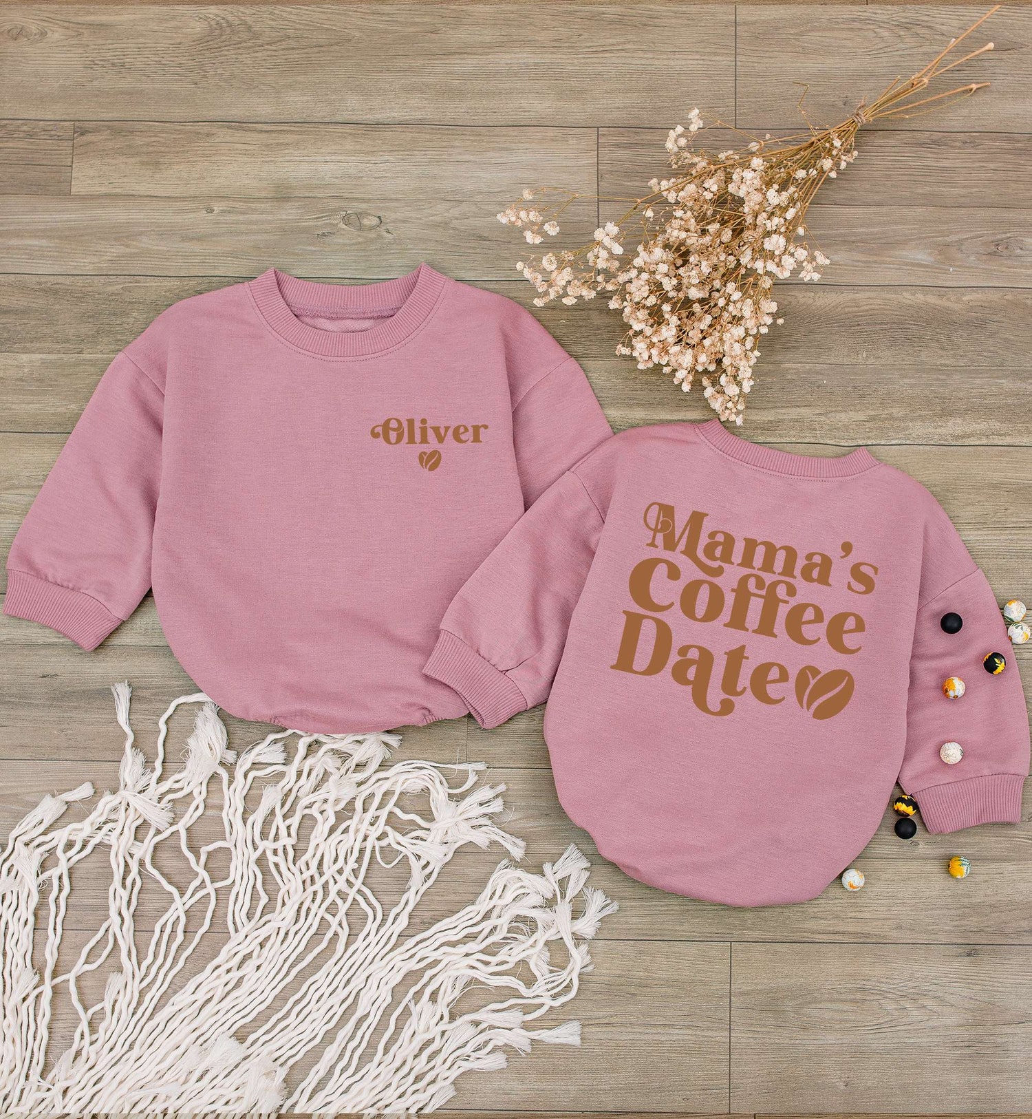 Custom Mama's Coffee Date Baby Romper Long Sleeve Newborn Outfit Light Mauve Bodysuit image 1