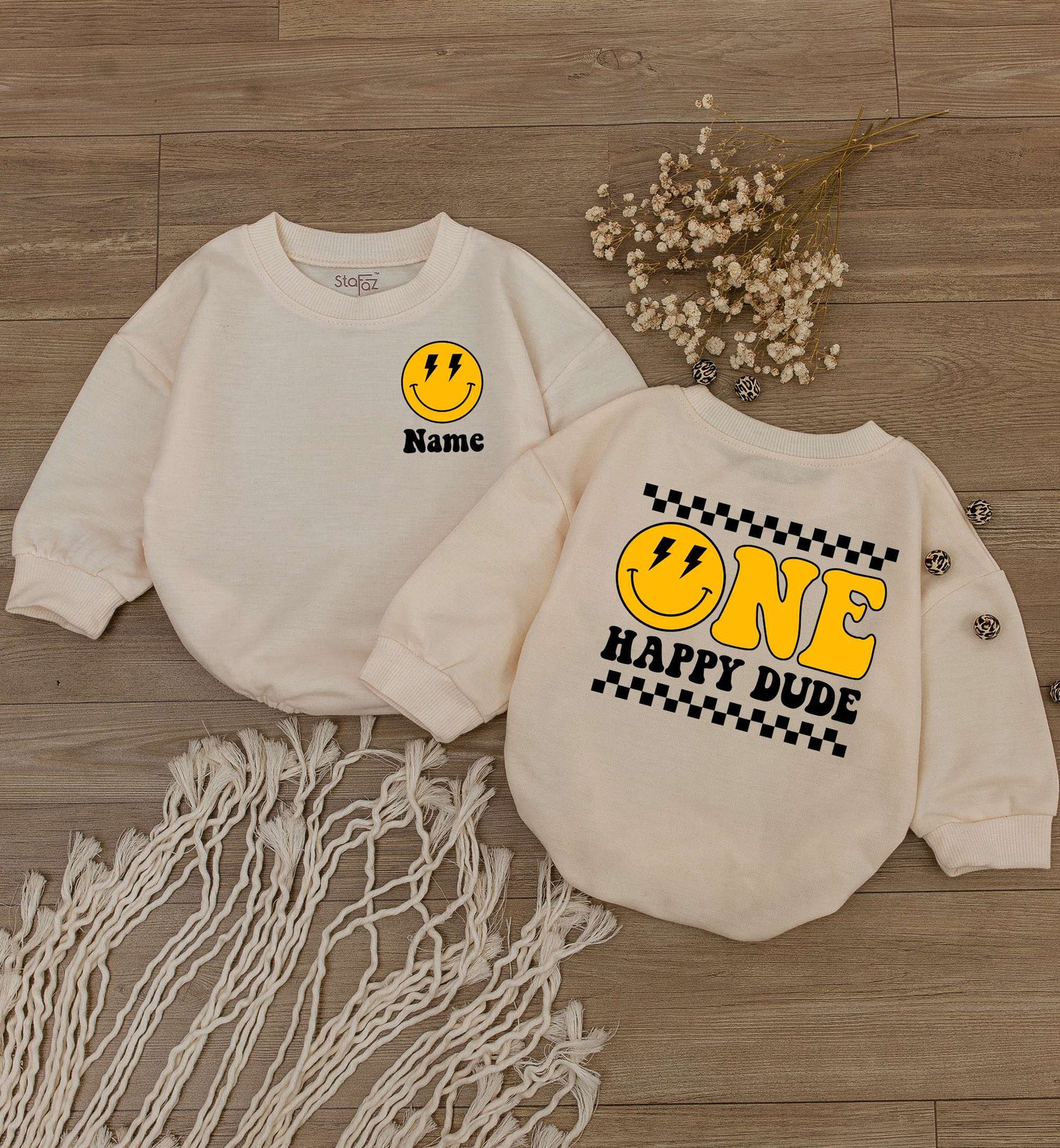 Custom One Happy Dude 1st Birthday Bodysuit Personalized Kid Shirt Smiley Face Baby Outfit image 1