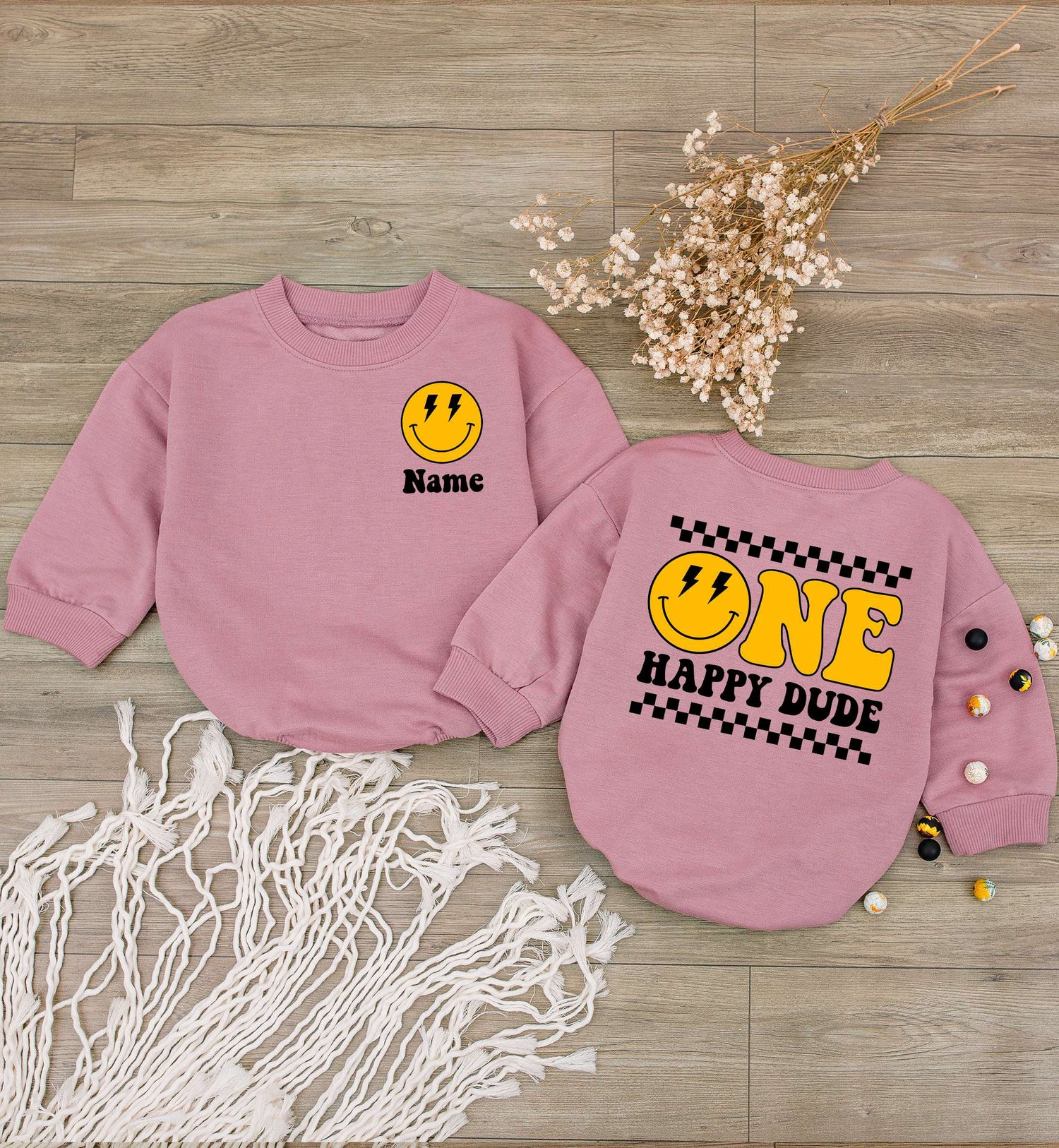 Custom One Happy Dude 1st Birthday Bodysuit Personalized Kid Shirt Smiley Face Baby Outfit image 2