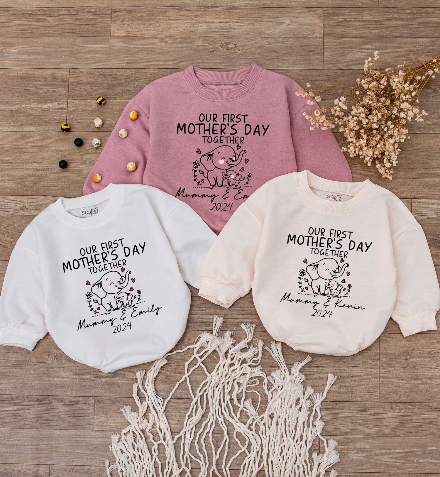 Custom First Mother's Day Elephant Baby Romper Personalized Bodysuit Baby Shower Gift image 3