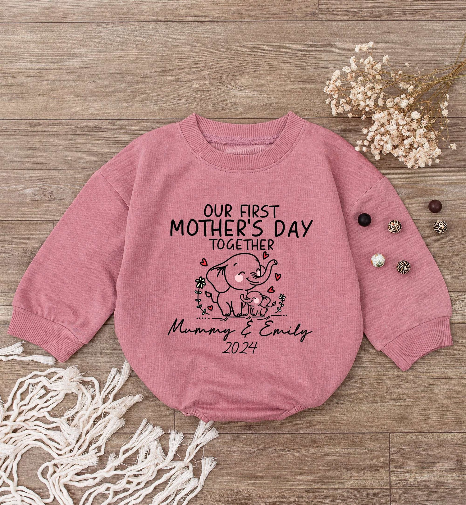 Custom First Mother's Day Elephant Baby Romper Personalized Bodysuit Baby Shower Gift image 2