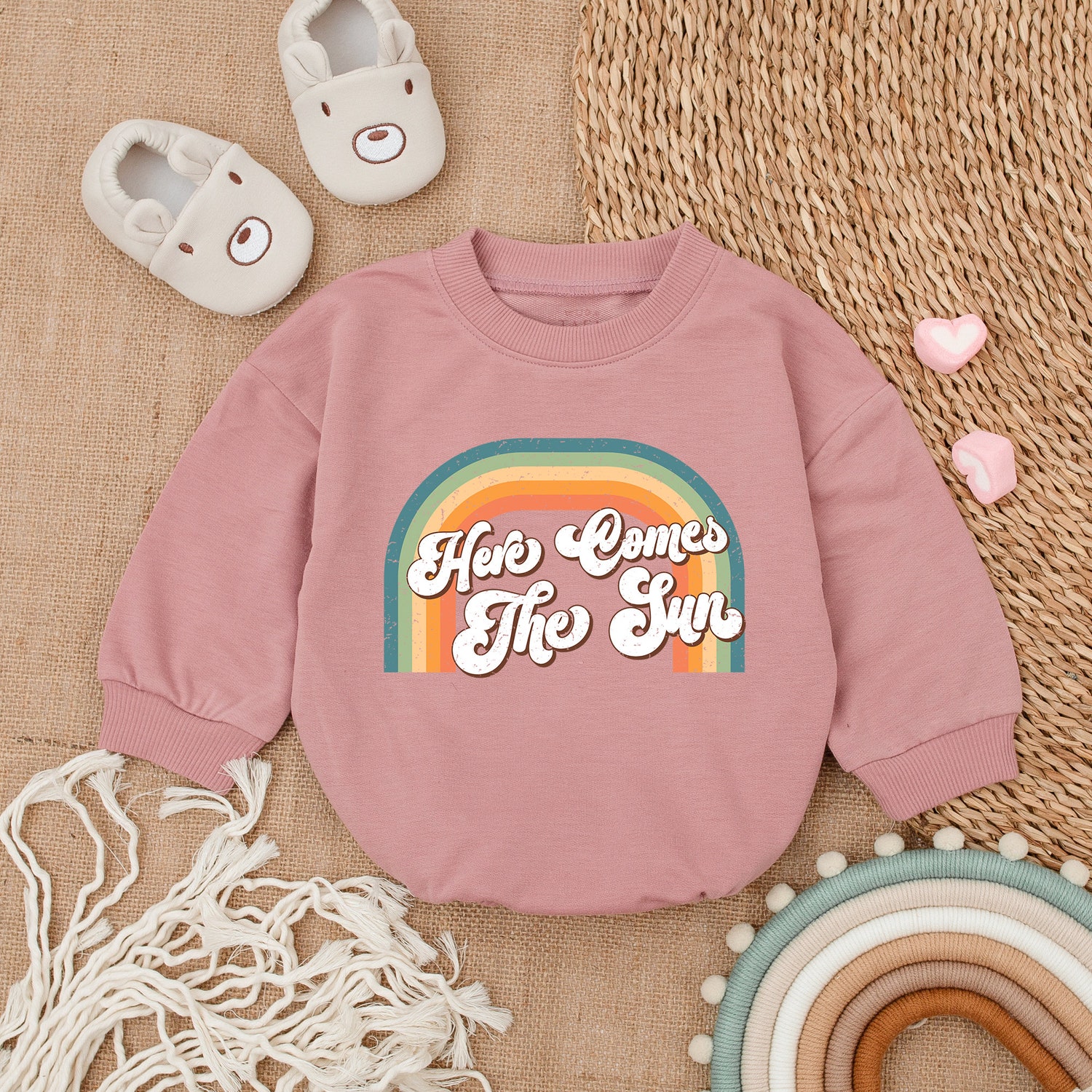 Retro Groovy One Romper Here Comes The Sun First Birthday Bodysuit for Girls image 2