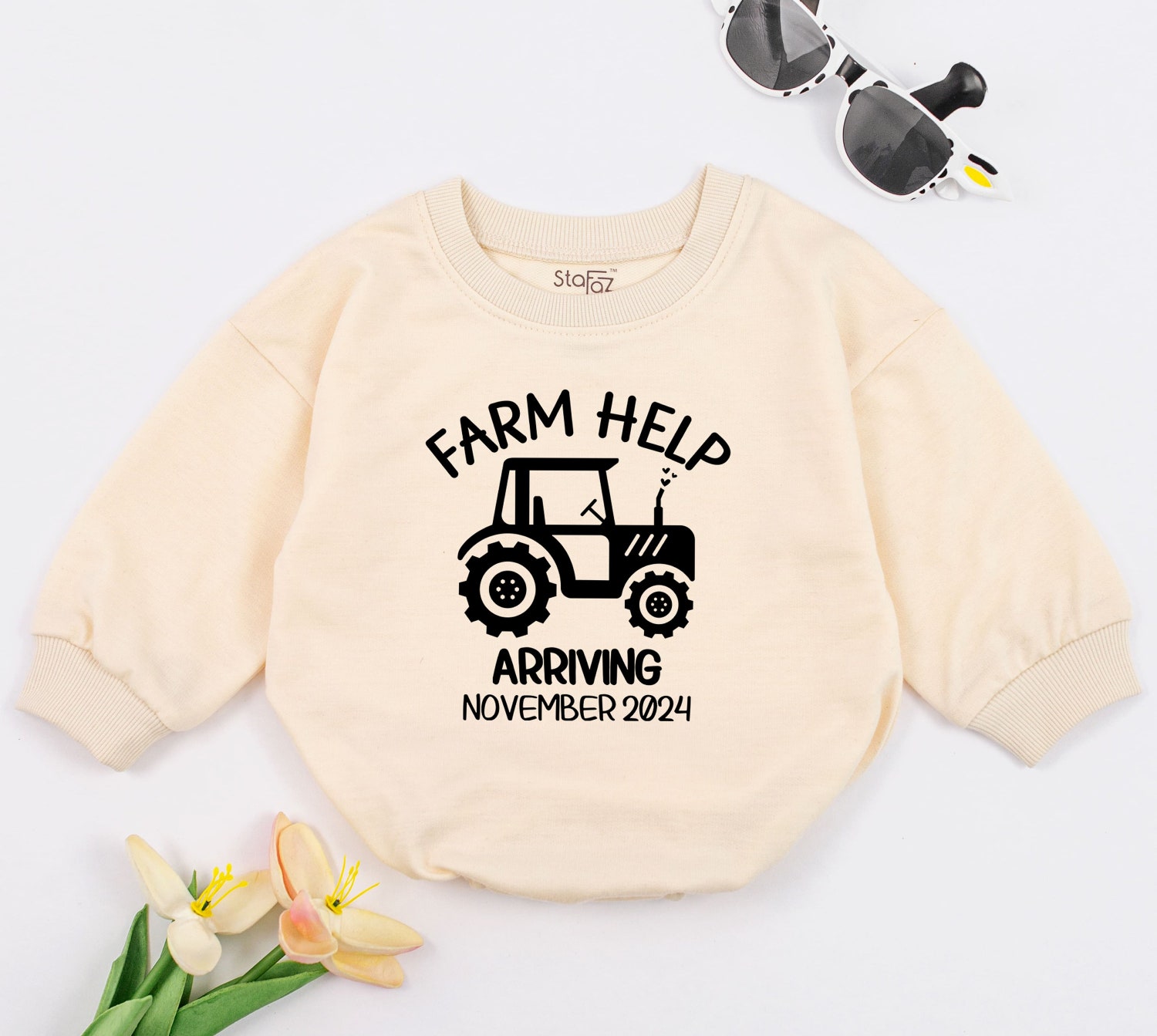 Personalized Baby Romper Farm Help Arriving Minimalist Baby Clothes Pregnancy Announcement Gift image 1