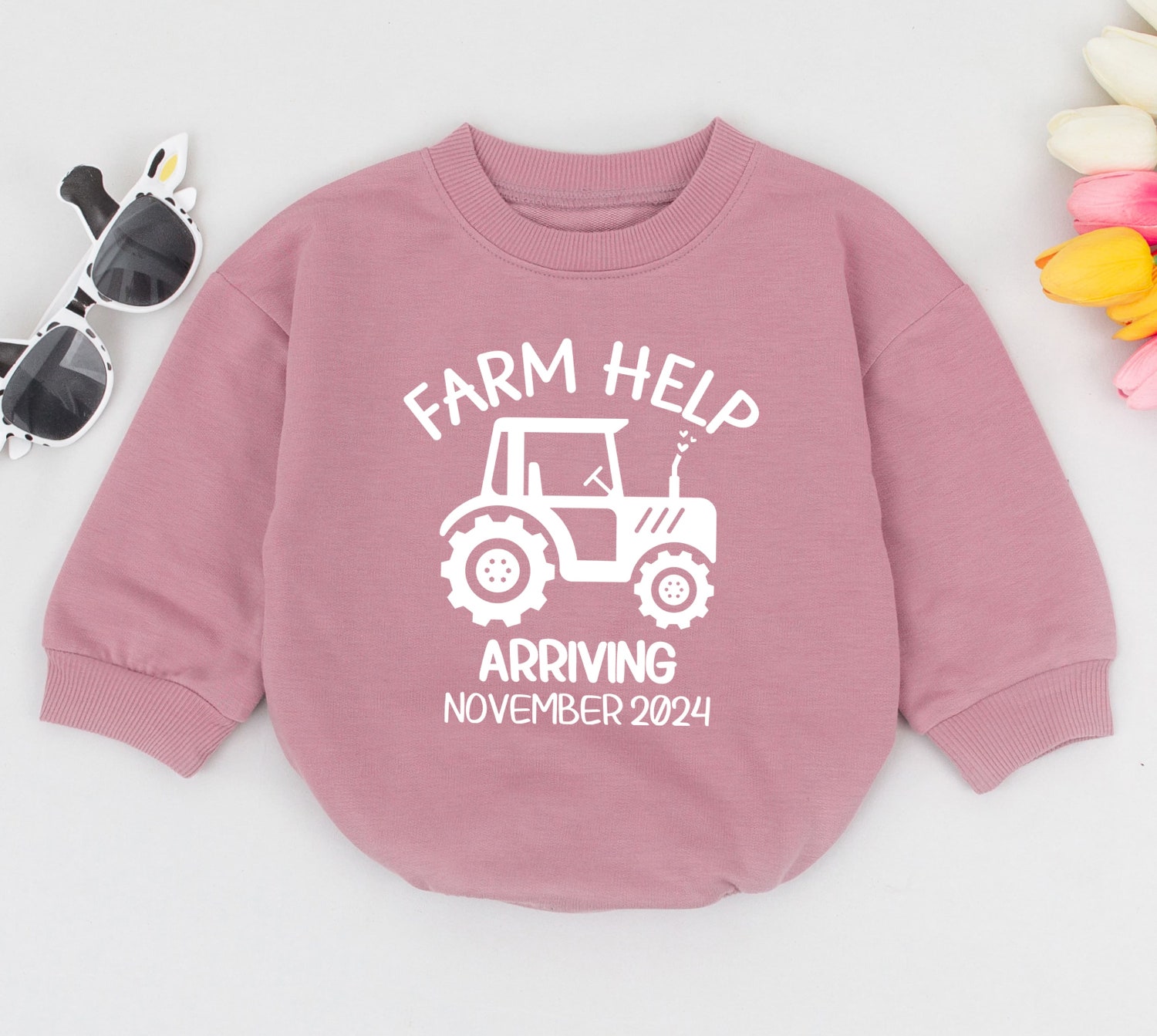 Personalized Baby Romper Farm Help Arriving Minimalist Baby Clothes Pregnancy Announcement Gift image 2