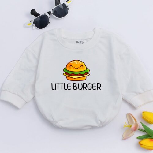 Little Burger Baby Romper Funny Foodie Baby Bodysuit Gift Hamburger Baby Outfit image 0