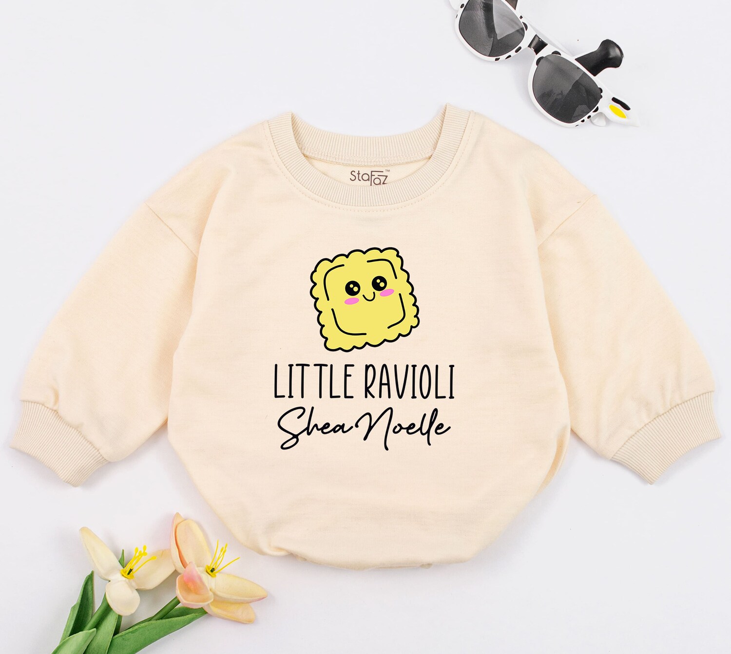 Little Ravioli Personalized Baby Romper Italian Foodie Baby Bodysuit Gift Pasta Baby Clothes image 1