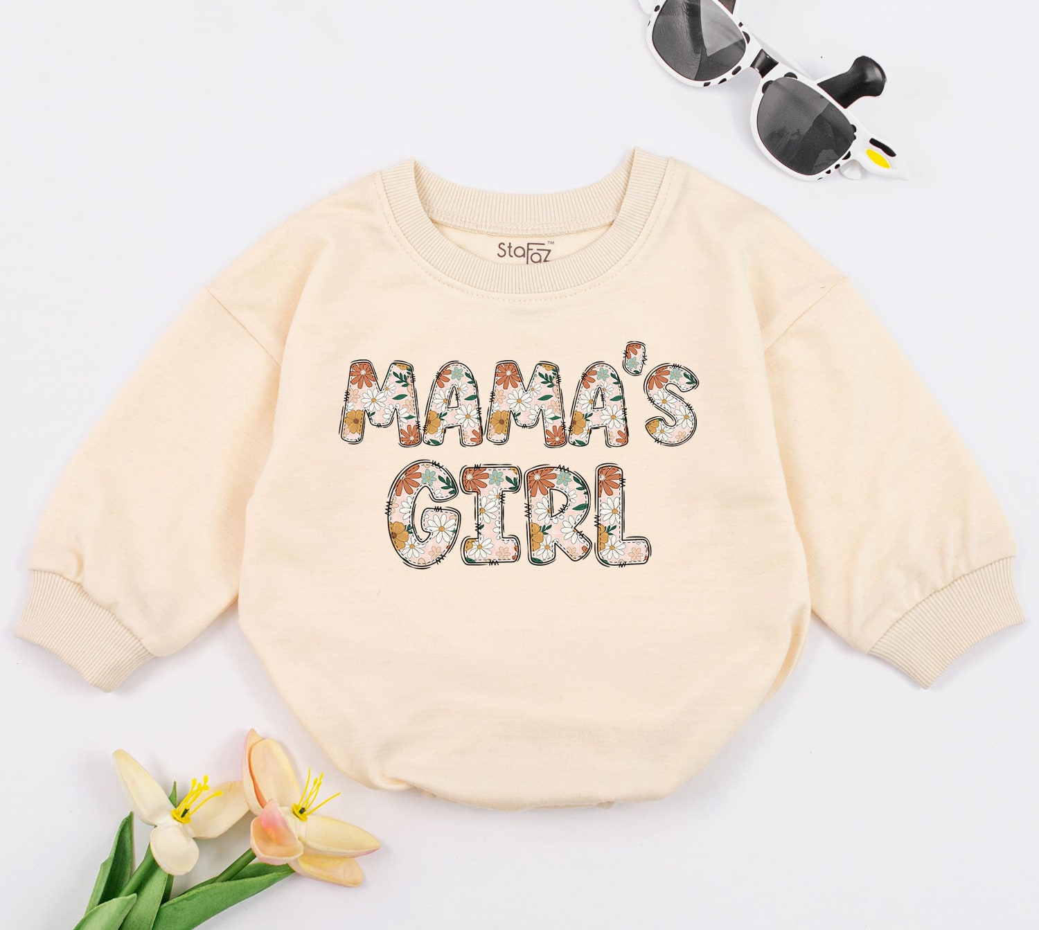 MAMA'S GIRL Oversized Baby Romper Retro Groovy Bodysuit Mother's Day Gift Baby Shower Outfit image 1