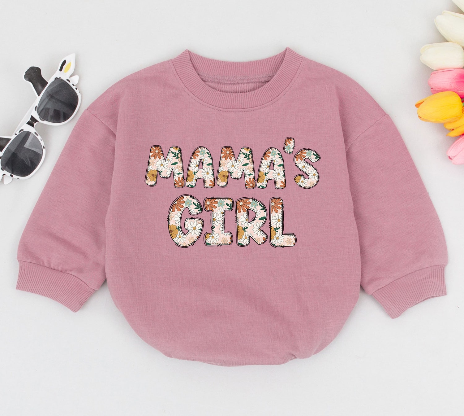 MAMA'S GIRL Oversized Baby Romper Retro Groovy Bodysuit Mother's Day Gift Baby Shower Outfit image 2