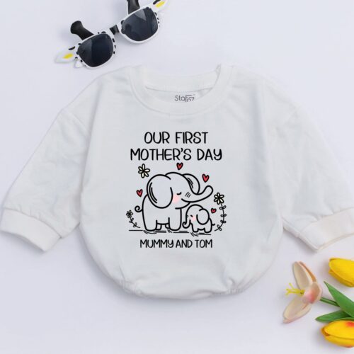 Our First Mother's Day Elephant Baby Bodysuit Personalized Newborn Romper Baby Shower Gift image 0