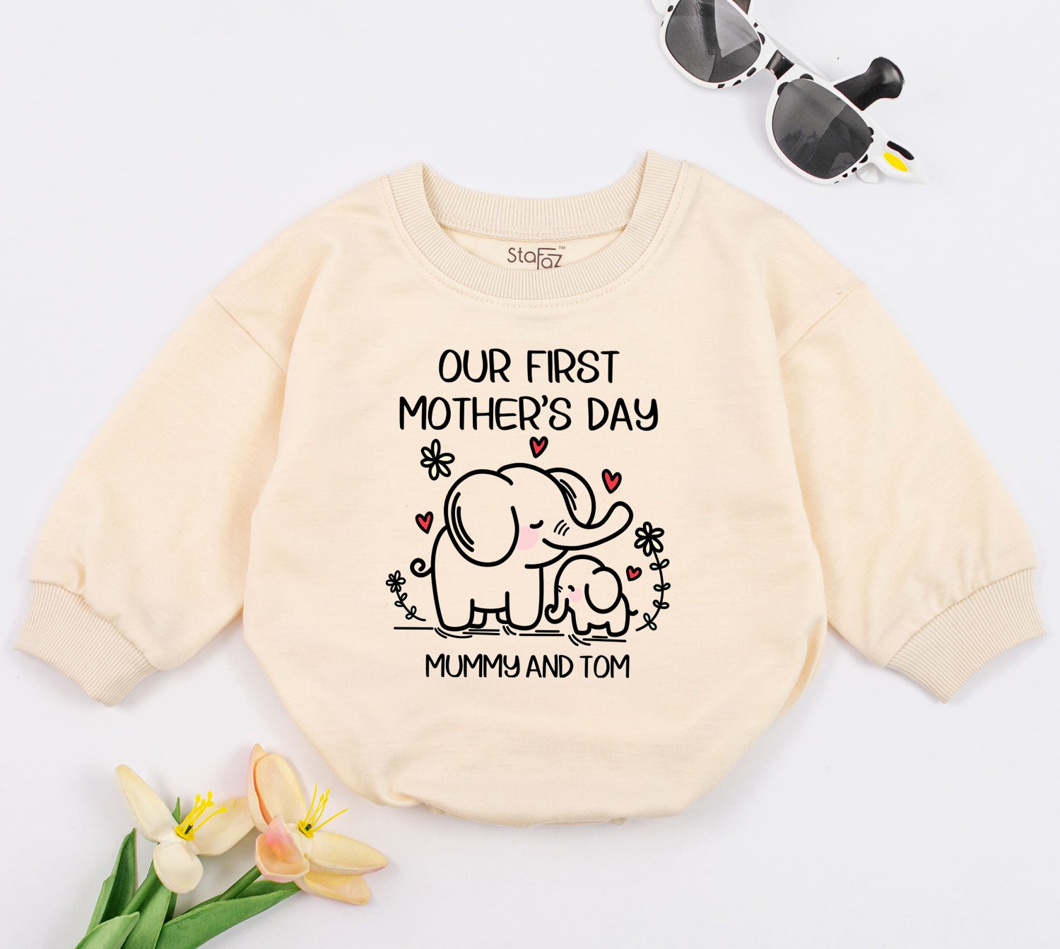 Our First Mother's Day Elephant Baby Bodysuit Personalized Newborn Romper Baby Shower Gift image 1