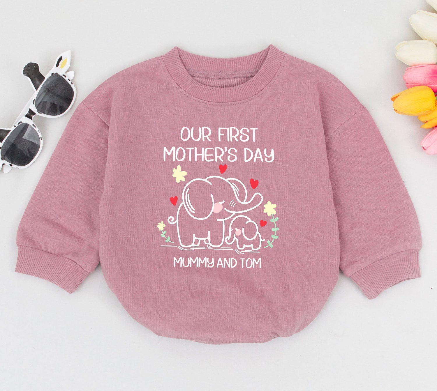 Our First Mother's Day Elephant Baby Bodysuit Personalized Newborn Romper Baby Shower Gift image 2