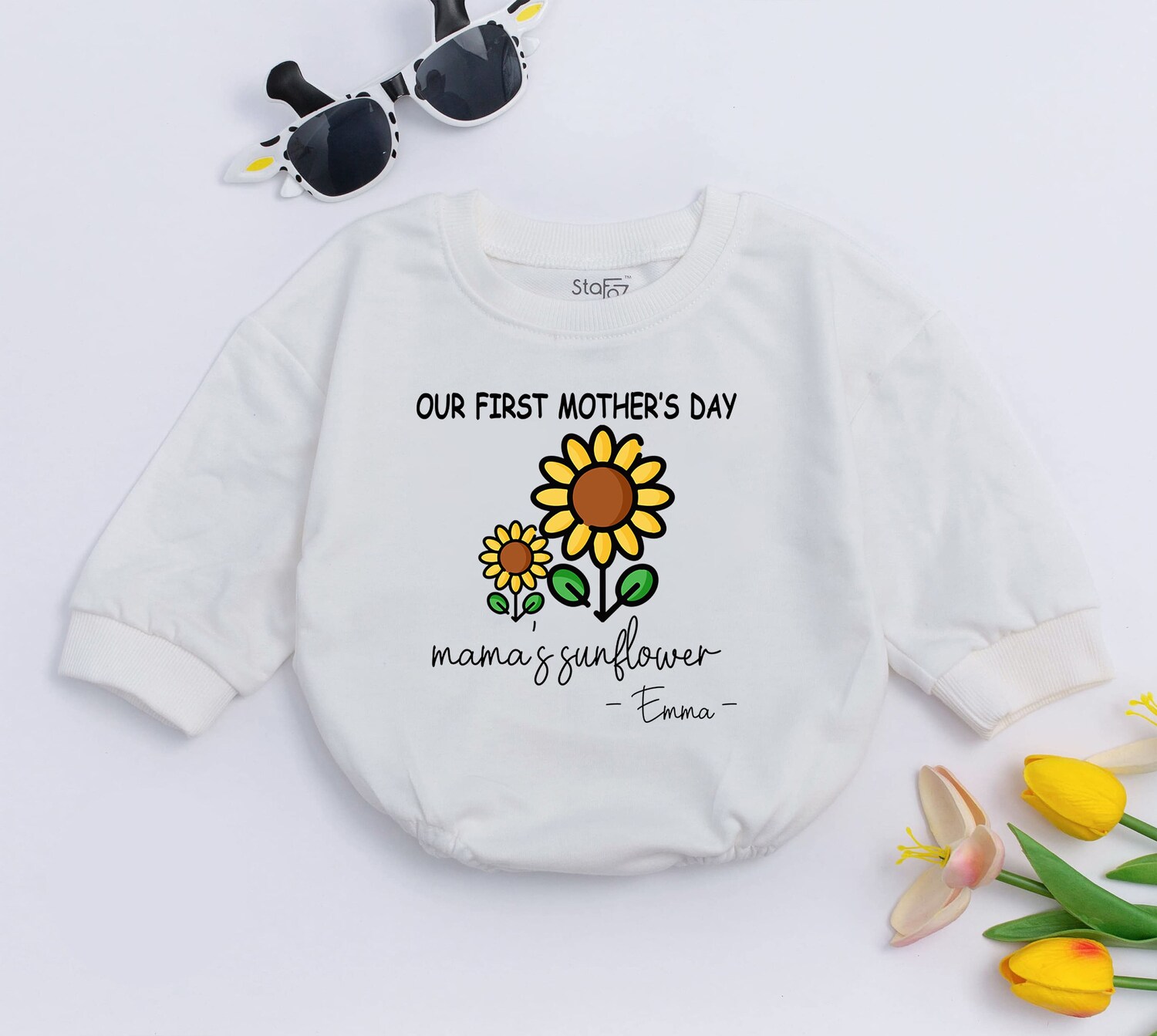 Personalized First Mother's Day Bubble Baby Romper Mother's Day Gifts Sunflower Baby Outfit image 1