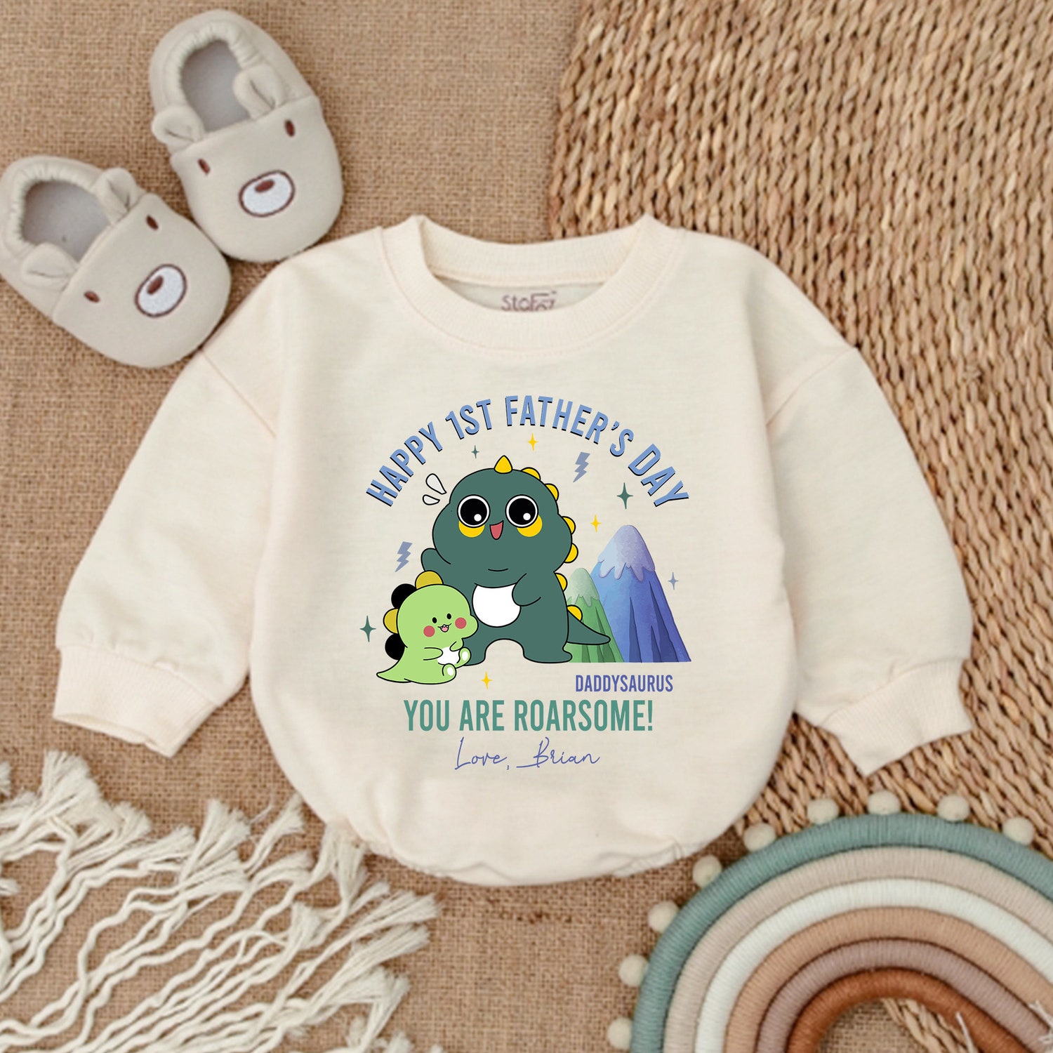 Happy 1st Father's Day Baby Romper Daddysaurus Dinosaur Bodysuit Personalized Gift image 1