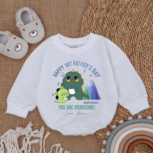 Happy 1st Father's Day Baby Romper Daddysaurus Dinosaur Bodysuit Personalized Gift image 0