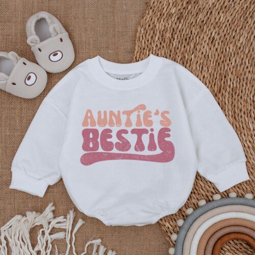 Auntie's Bestie Baby Romper Newborn Romper Gift from Aunt Pregnancy Announcement Outfit image 0