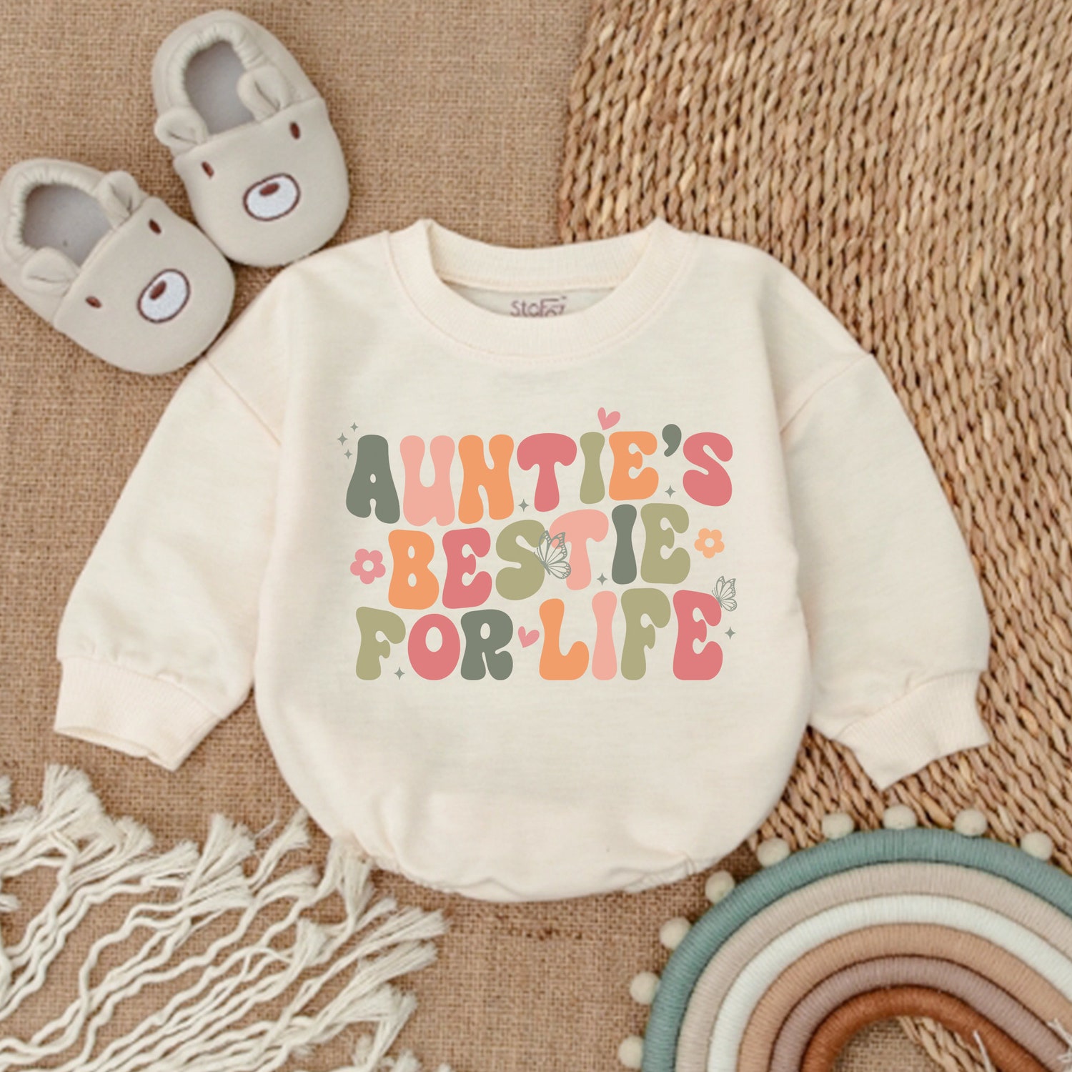 Auntie's Bestie For Life Newborn Baby Romper Gift from Aunt Pregnancy Announcement Outfit image 1