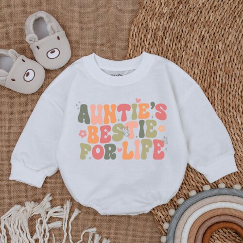 Auntie's Bestie For Life Newborn Baby Romper Gift from Aunt Pregnancy Announcement Outfit image 0