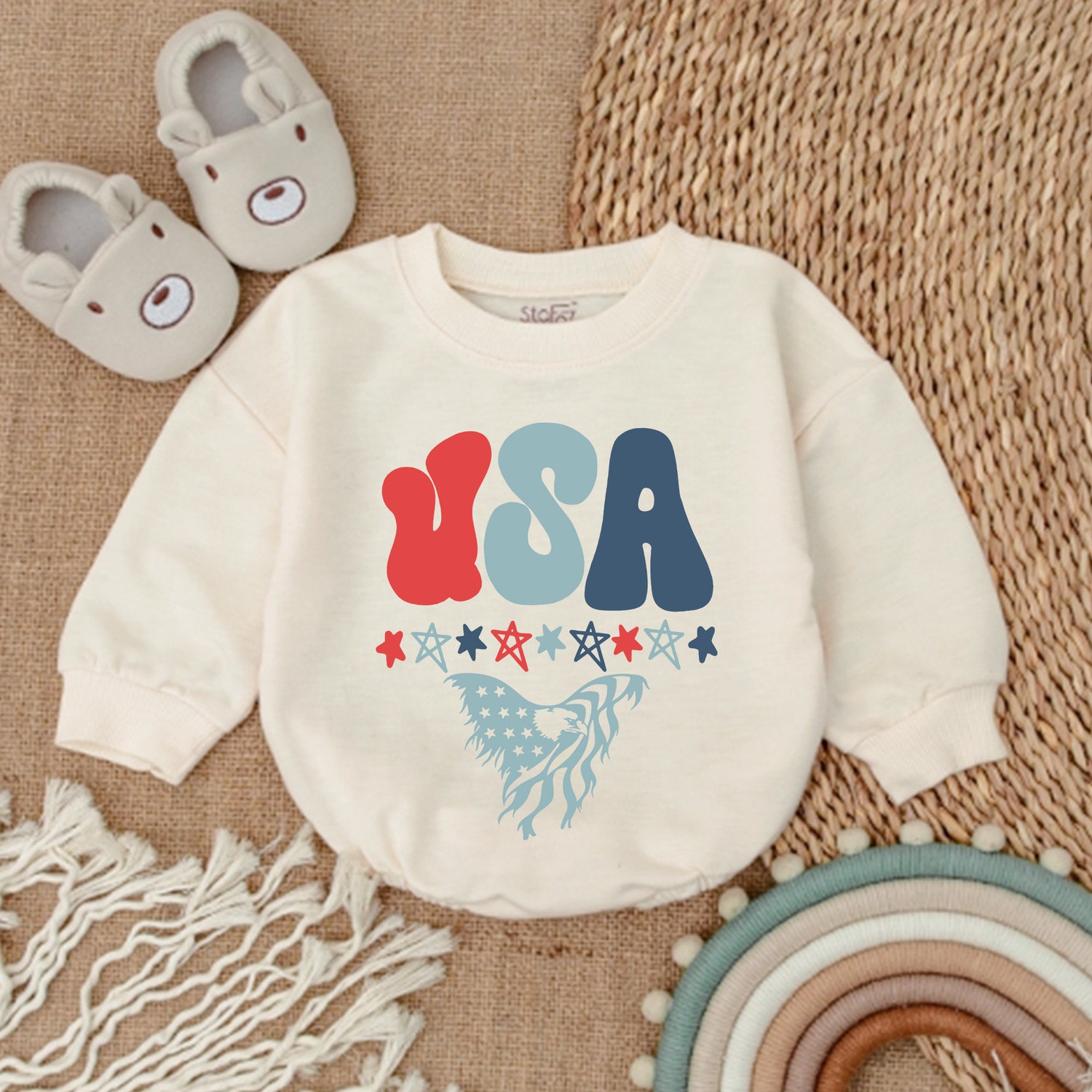 Retro USA 4th of July Baby Clothes Patriotic Bubble Romper Bodysuit Newborn Outfit image 1