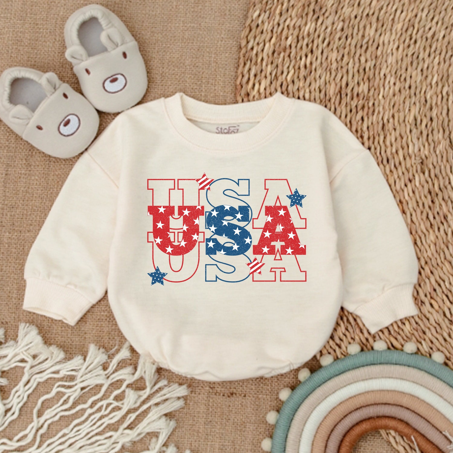 Retro USA 4th of July Patriotic Baby Outfit Bubble Romper Newborn Baby Bodysuit image 1