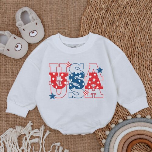 Retro USA 4th of July Patriotic Baby Outfit Bubble Romper Newborn Baby Bodysuit image 0