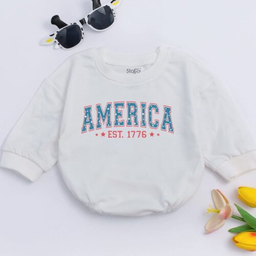 America Est 1776 Baby Romper Patriotic Baby Bodysuit 4th of July Baby Outfit USA Baby Clothes image 0