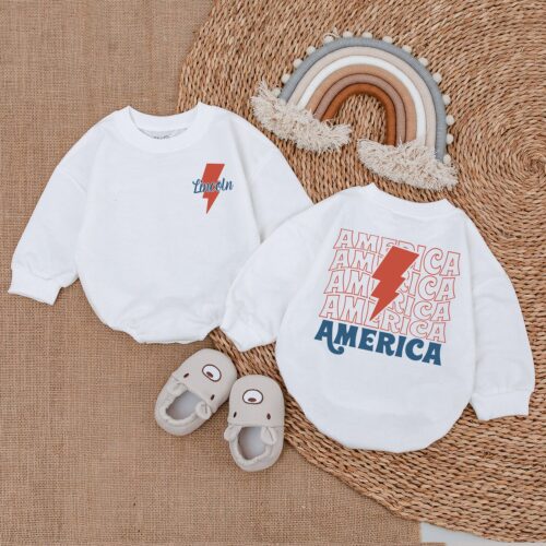 Personalized 4th of July Baby Romper Retro Patriotic Newborn Outfit USA Baby Bodysuit image 0