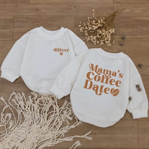 Custom Mama's Coffee Date Baby Romper Long Sleeve Newborn Outfit Light Mauve Bodysuit image 0