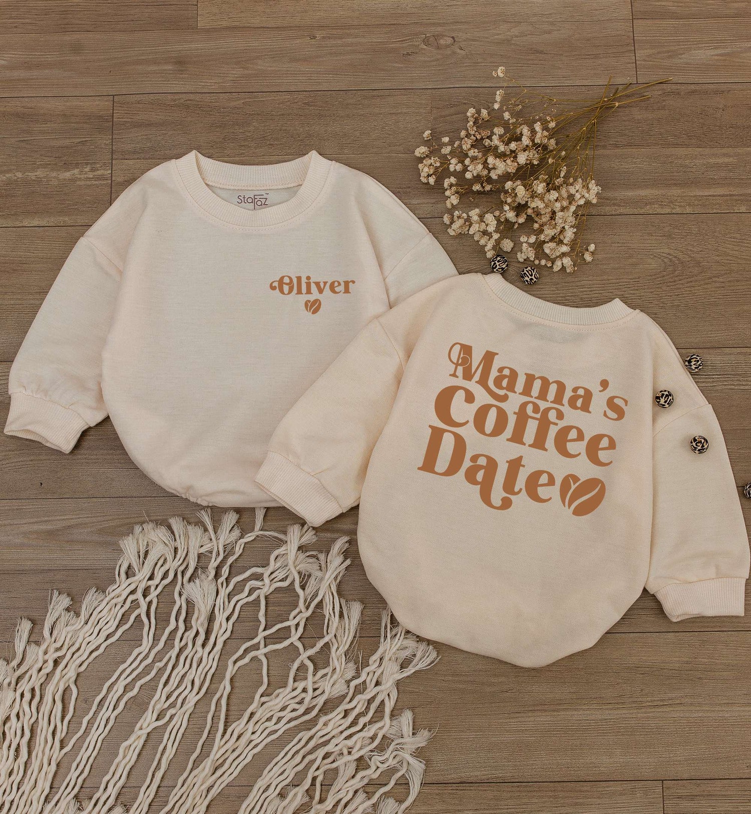 Custom Mama's Coffee Date Baby Romper Long Sleeve Newborn Outfit Light Mauve Bodysuit image 2