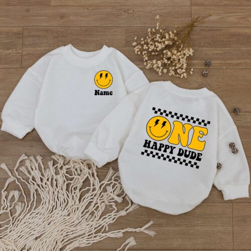 Custom One Happy Dude 1st Birthday Bodysuit Personalized Kid Shirt Smiley Face Baby Outfit image 0